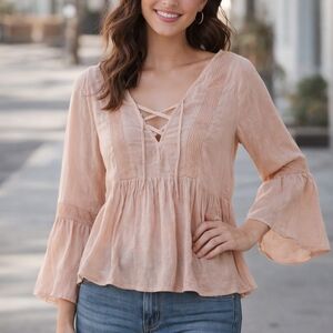 NWT Love, Fire Blush Boho Peasant Top  S | Lace-Up Bell Sleeve | Cottagecore
